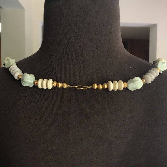 Pale Green Cream and Gold Beaded Stone Necklace - Picture 2 of 2